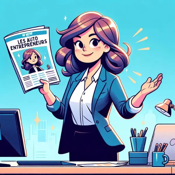 Illustration d’une autrice présentant une publication consacrée aux autoentrepreneurs.
