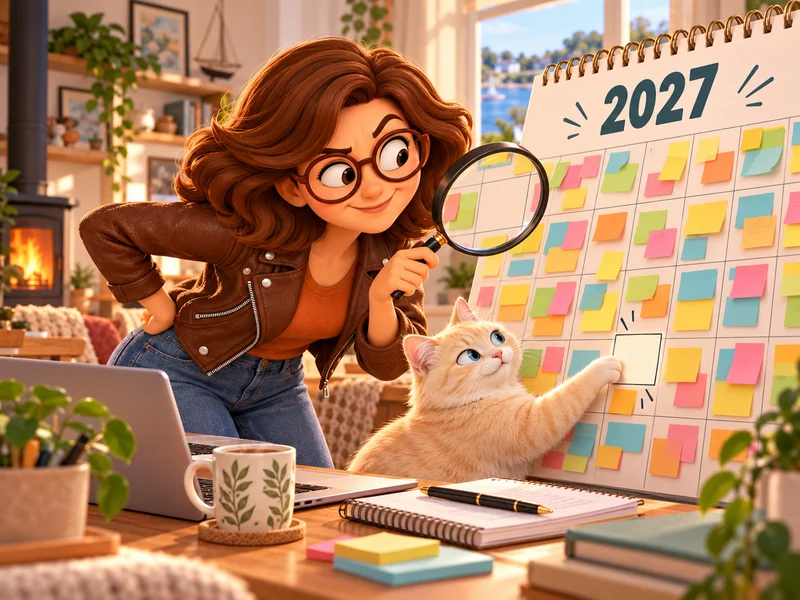 Une entrepreneure examine à la loupe un calendrier 2027 chargé de notes, tandis que son chat désigne une case vide.