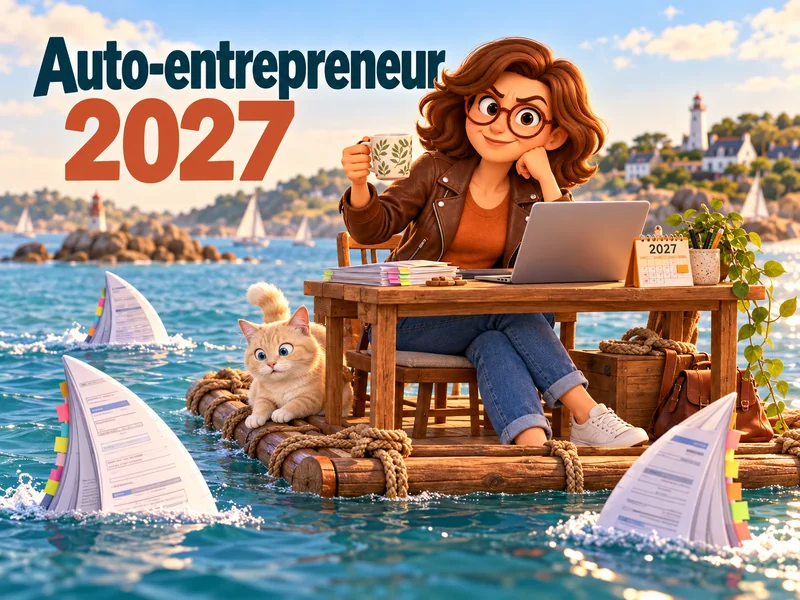 Une entrepreneure travaille sur un radeau entouré d’ailerons en dossiers administratifs, sous le titre « Auto-entrepreneur 2027 ».