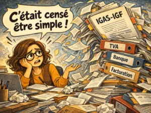 illustration rétro d’une entrepreneure dépitée face à une montagne de dossiers, dont le rapport IGAS–IGF, la TVA et la facturation.